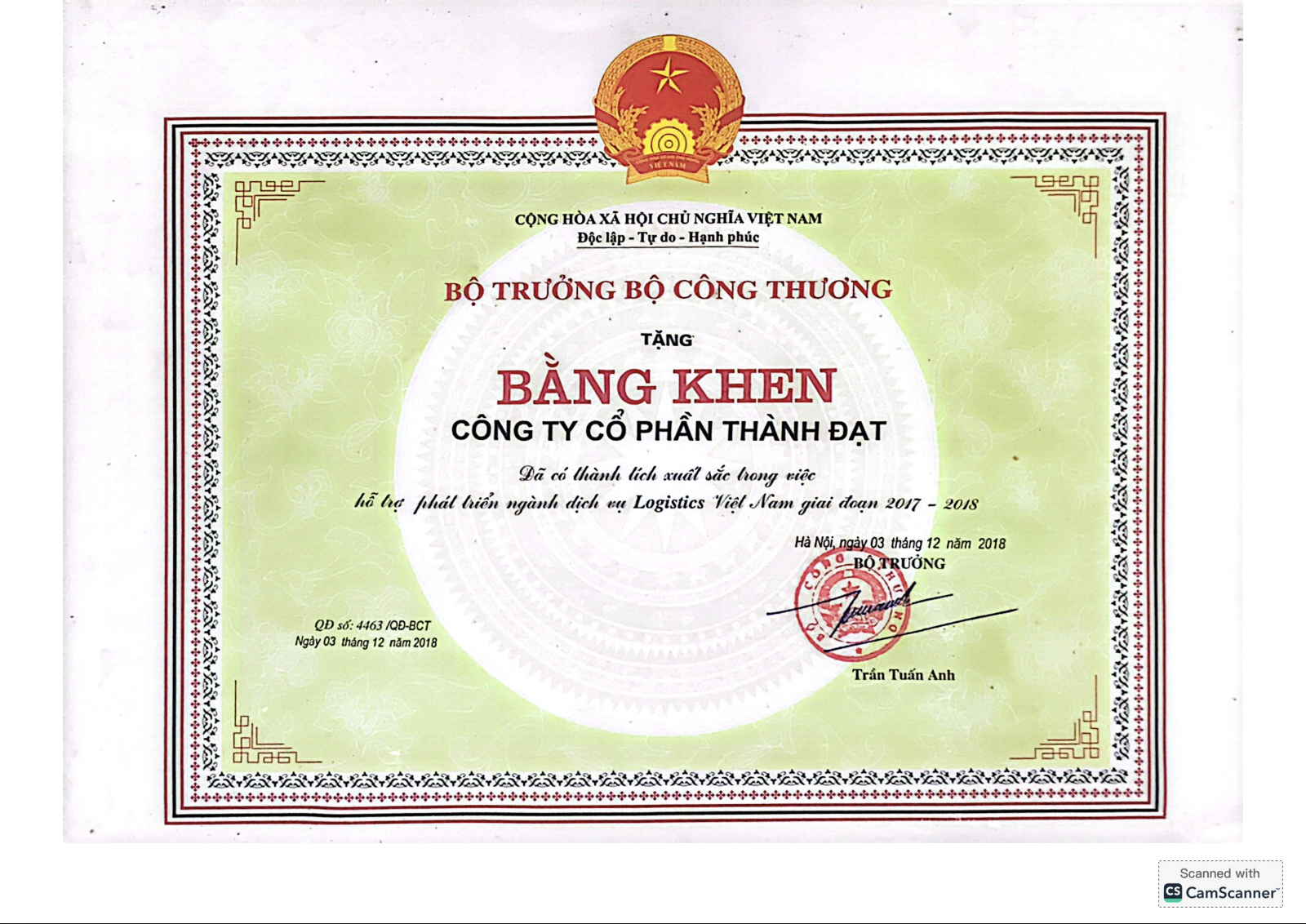 Đã có thành tích xuất sắc trong việc hỗ trợ phát triển ngành dịch vụ Logistics Việt Nam giai đoạn 2017-2018