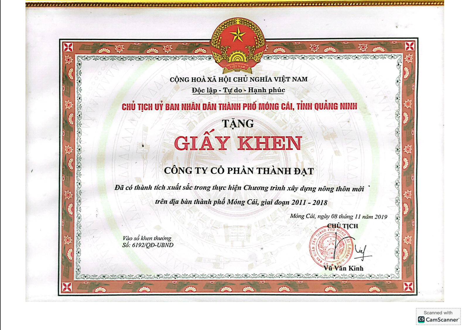Đã có thành tích xuất sắc trong thực hiện chương trình xây dựng nông thôn mới trên địa bàn Thành phố Móng Cái, giai đoạn 2011-2018