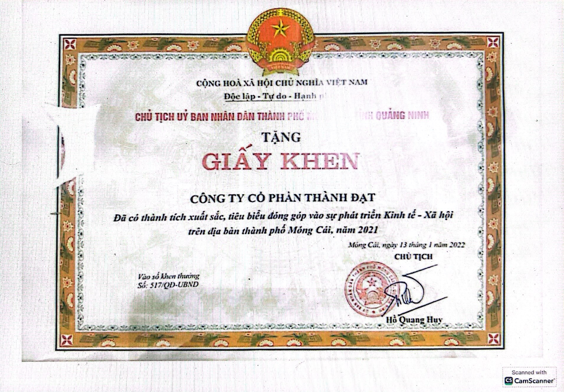 Đã có thành tích xuất sắc, tiêu biểu đóng góp vào sự phát triển Kinh tế  - Xã họi trên địa bàn thành phố Móng Cái, năm 2021