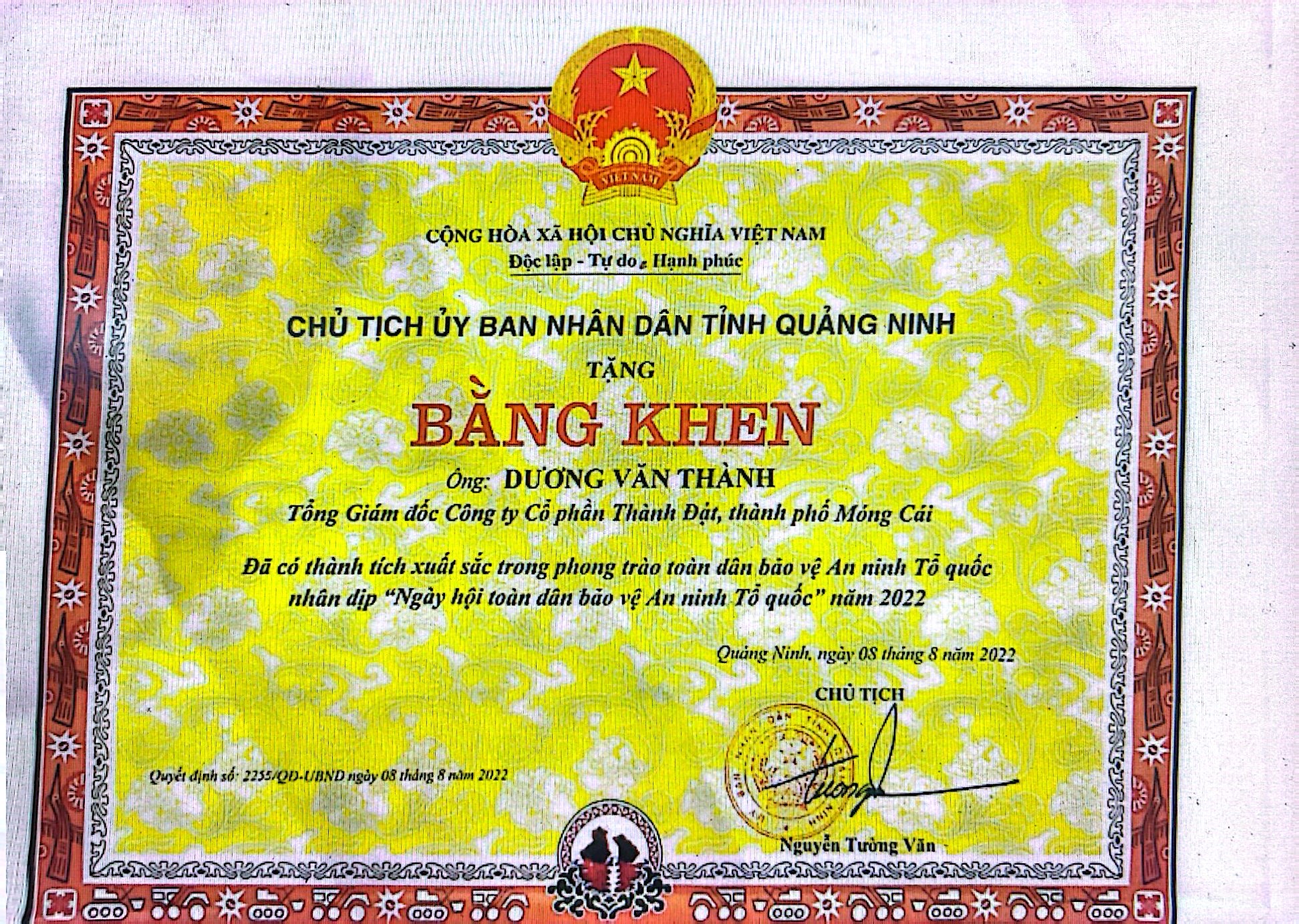 Đã có thành tích xuất sắc trong phong trào toàn dân bảo vệ An ninh Tổ quốc nhân dịp 