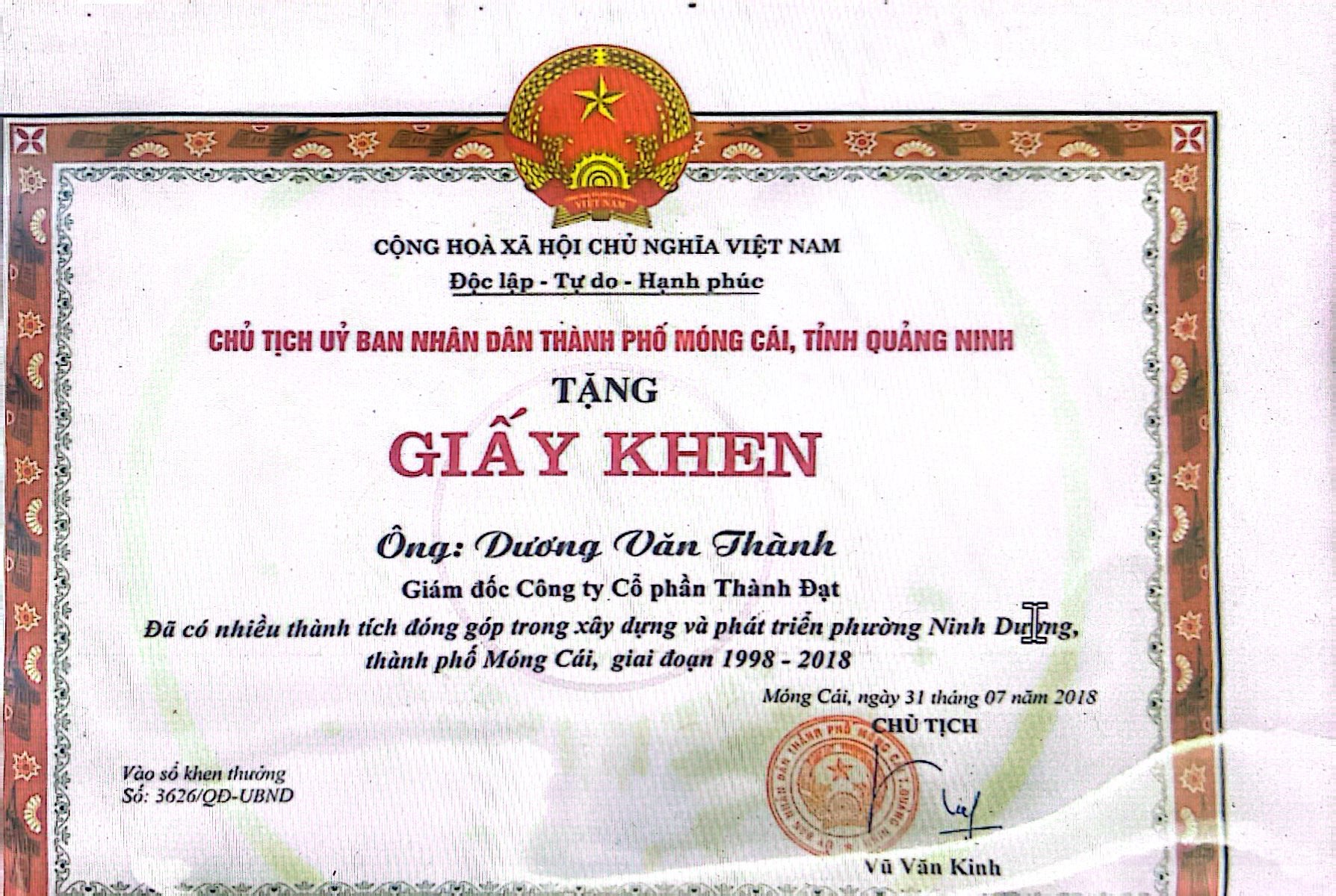 Đã có nhiều thành tích đóng góp trong xây dựng và phát triển phường Ninh Dương, thành phố Móng Cái, giai đoạn 1998-2018