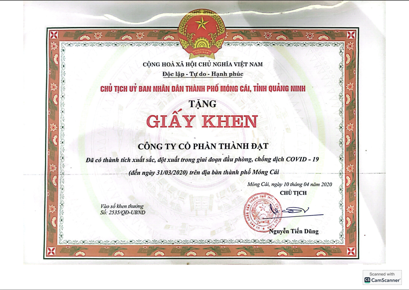 Đã có thành tích xuất sắc, đột xuất trong giai đoạn đầu phòng, chống dịch COVID-19 (đến ngày 31/03/2020) trên địa bàn Thành phố Móng Cái